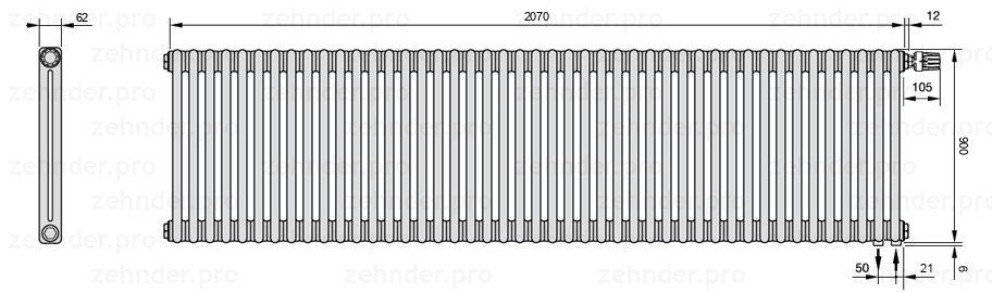 Схема (чертеж) Радиатор Zehnder Charleston 2090/45 №V002 Белый глянцевый RAL 9016